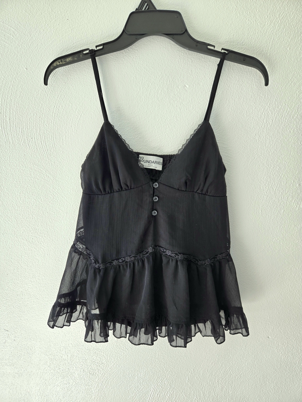 No Boundaries Black Lace-Trim Ruffle Cami Top